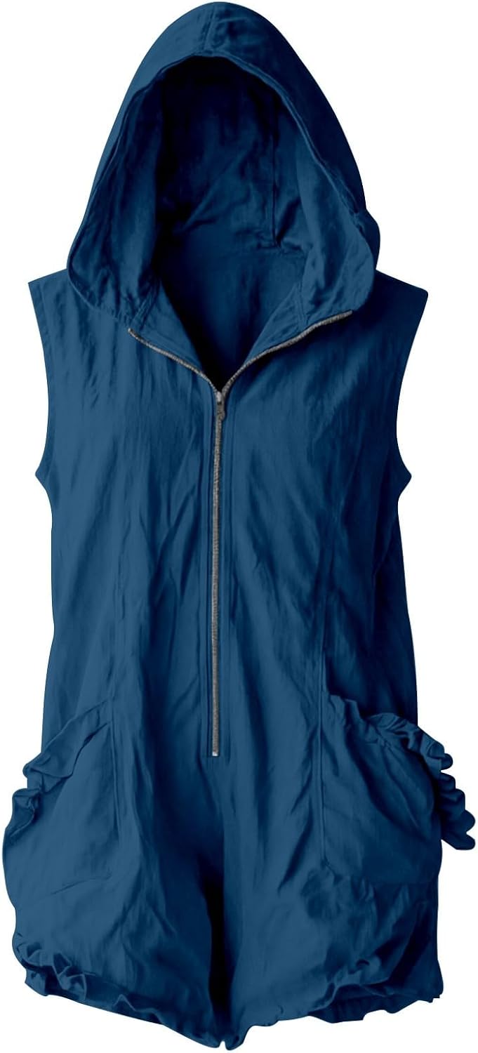 Sleeveless Rompers for Women Ruffle Hem Zip Up Hooded Overalls Solid Color Loose Fit Athletic Jumpsuit with Pockets