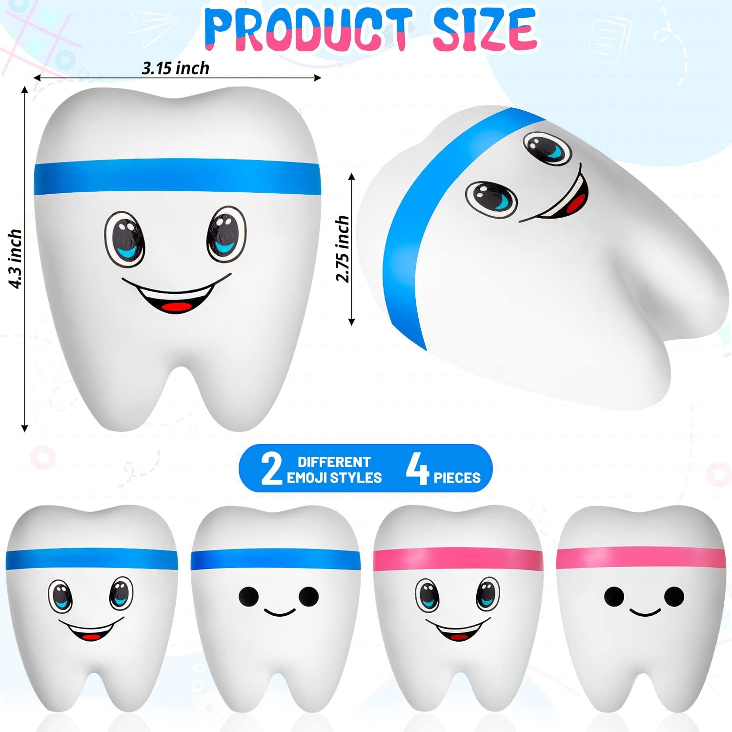 ZHWKMYP 4 Pcs Tooth Stress Ball, Slow Rising Jumbo Cartoon Teeth Shaped Stress Balls Bulk for Adults Dental Office Party Favors 4 White