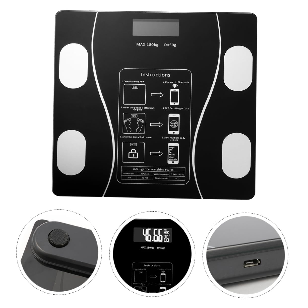 COLLBATH Báscula Inteligente de Peso Corporal Recargable por USB Pantalla LED Grande y Material Abs y Vidrio, Capacidad de 0.1kg a 180kg para Uso Doméstico