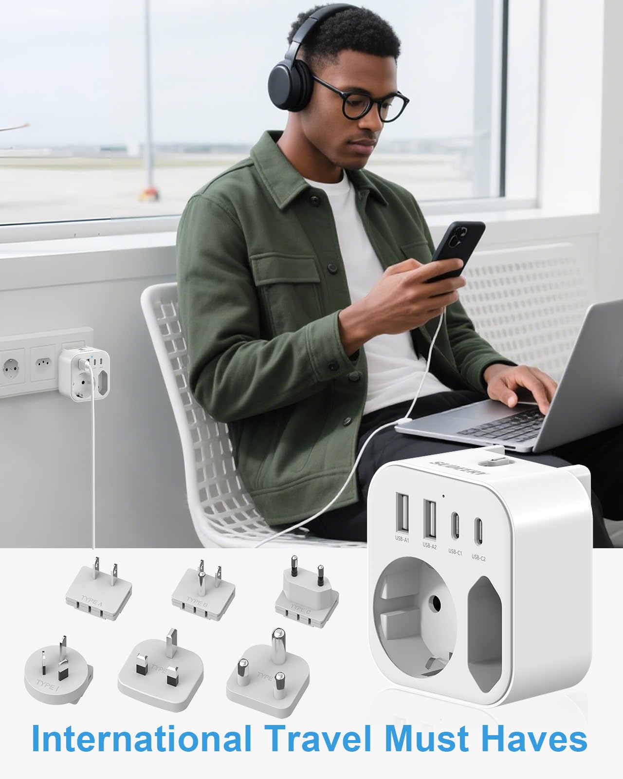 Adaptateur de Voyage Universel, Prise de Voyage Universelle avec 2 Ports USB A et 2 Ports USB C, 6 Adaptateurs Internationaux Amovibles pour USA, UK, EU, AUS, Japon,Afrique du Sud