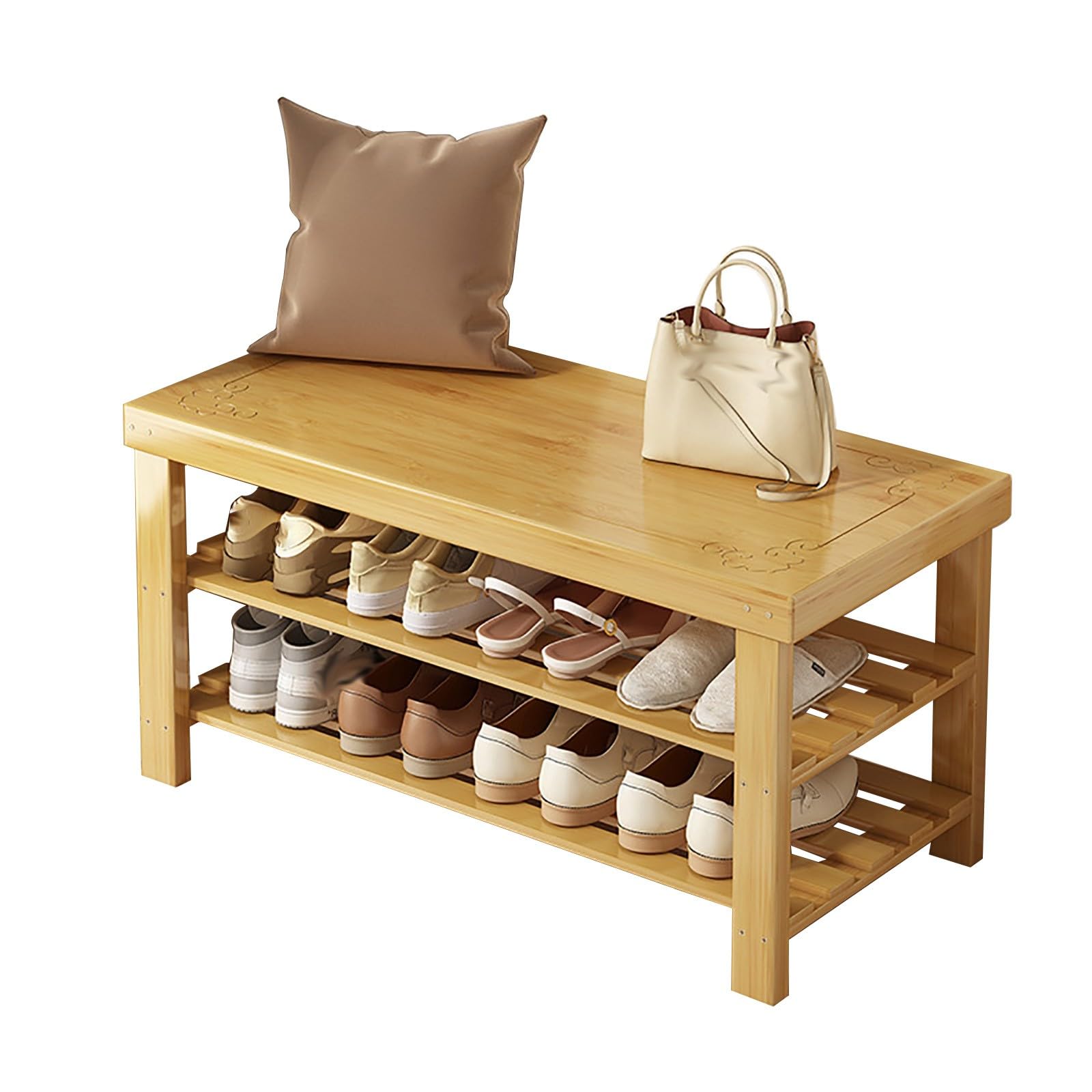 LWJSOCP Bamboo Shoe Bench nizer with Seat and Storage Shelf 3 Tier Shoe Rack for Entryway and Living Room Carved Stool Design Wood Color 50X27X45CM