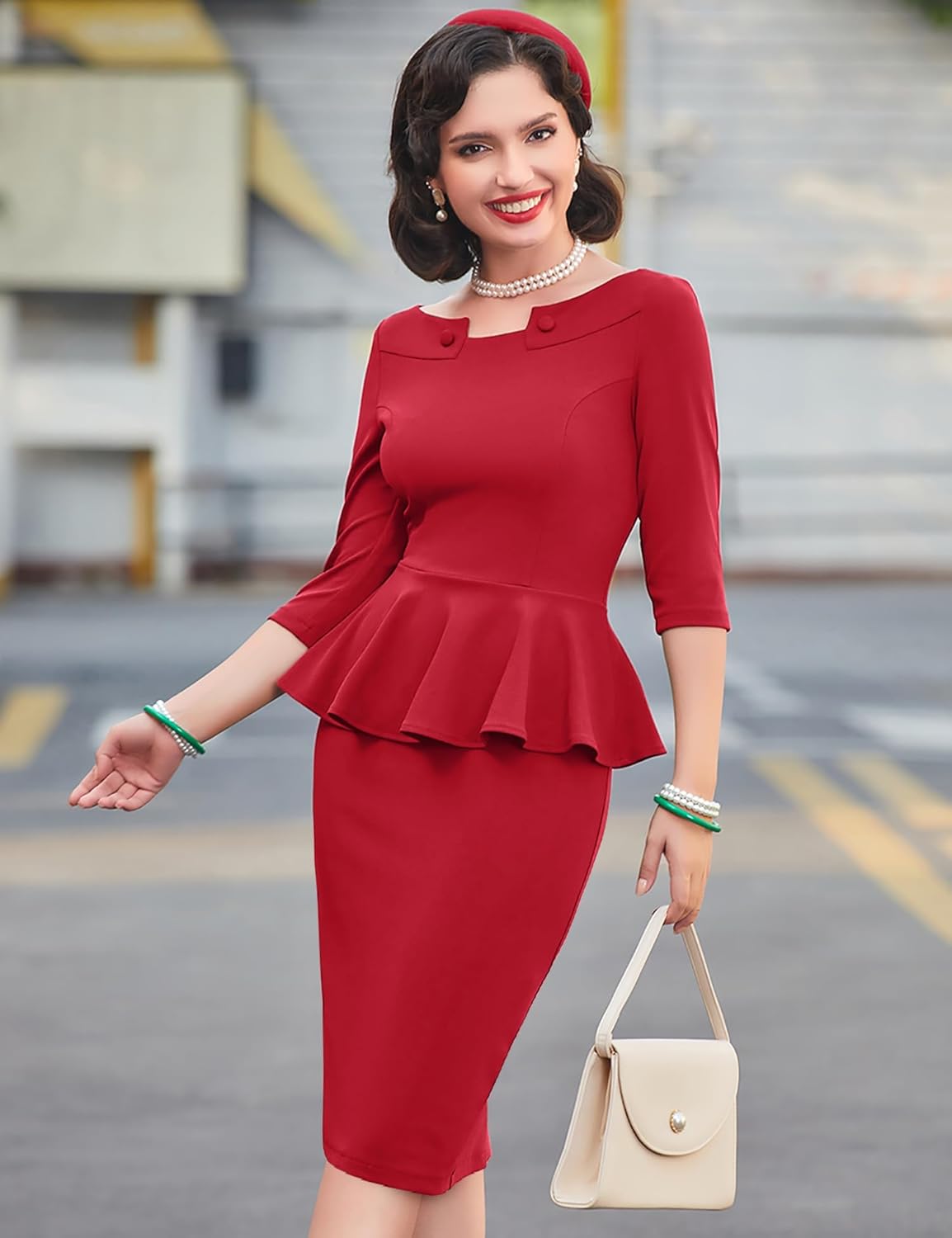 MUXXN Women's 50s Vintage Bodycon 3/4 Sleeve Midi Peplum Business Formal Work Pencil Dresses - Image 4