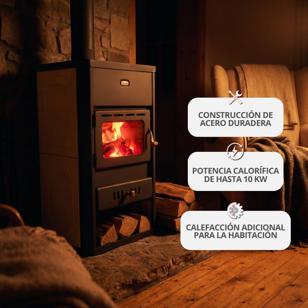 Prity S1 W10 - Estufa de leña con revestimiento de agua de 10 kW | calefacción central | certificado CE | estufa de leña independiente