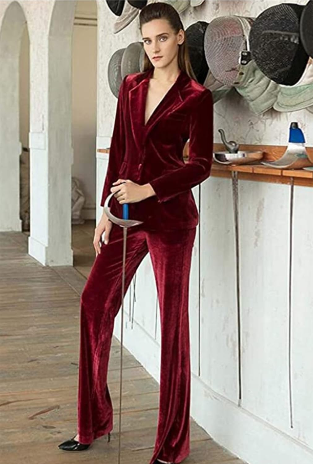 Donna Tuta in Velluto 2 Pezzi con Giacca e Pantaloni con Risvolto a tacca per Feste/Promo/Lavoro/Casual