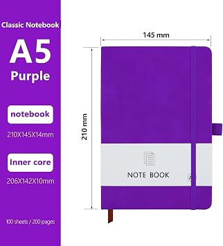 A5 Notebook, Notebook A5 Note Book Note Pad Journal Notebook A5 Notepad PU Leather Notebook for Office School Home Business Writing & Note Taking 200 Pages (100 Sheets)- Purple