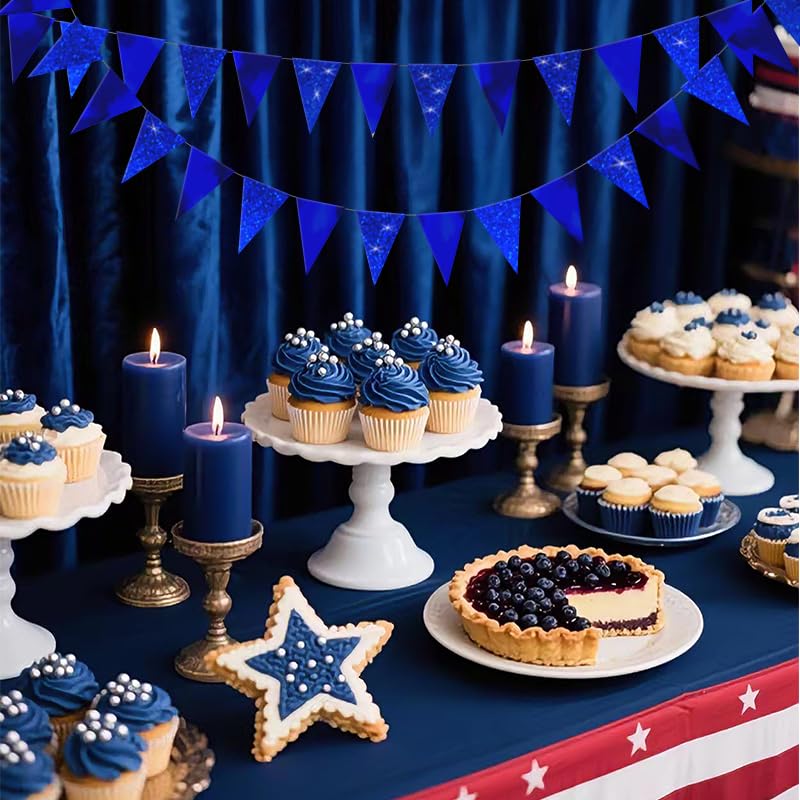 Image of Blue Hanging Triangle Flag Pennant Garland Blue Hanging Paper Pennant Streamer Paper Triangle Flag Bunting Banner for Graduation Wedding Engagement Birthday Party Decorations 30 Feet