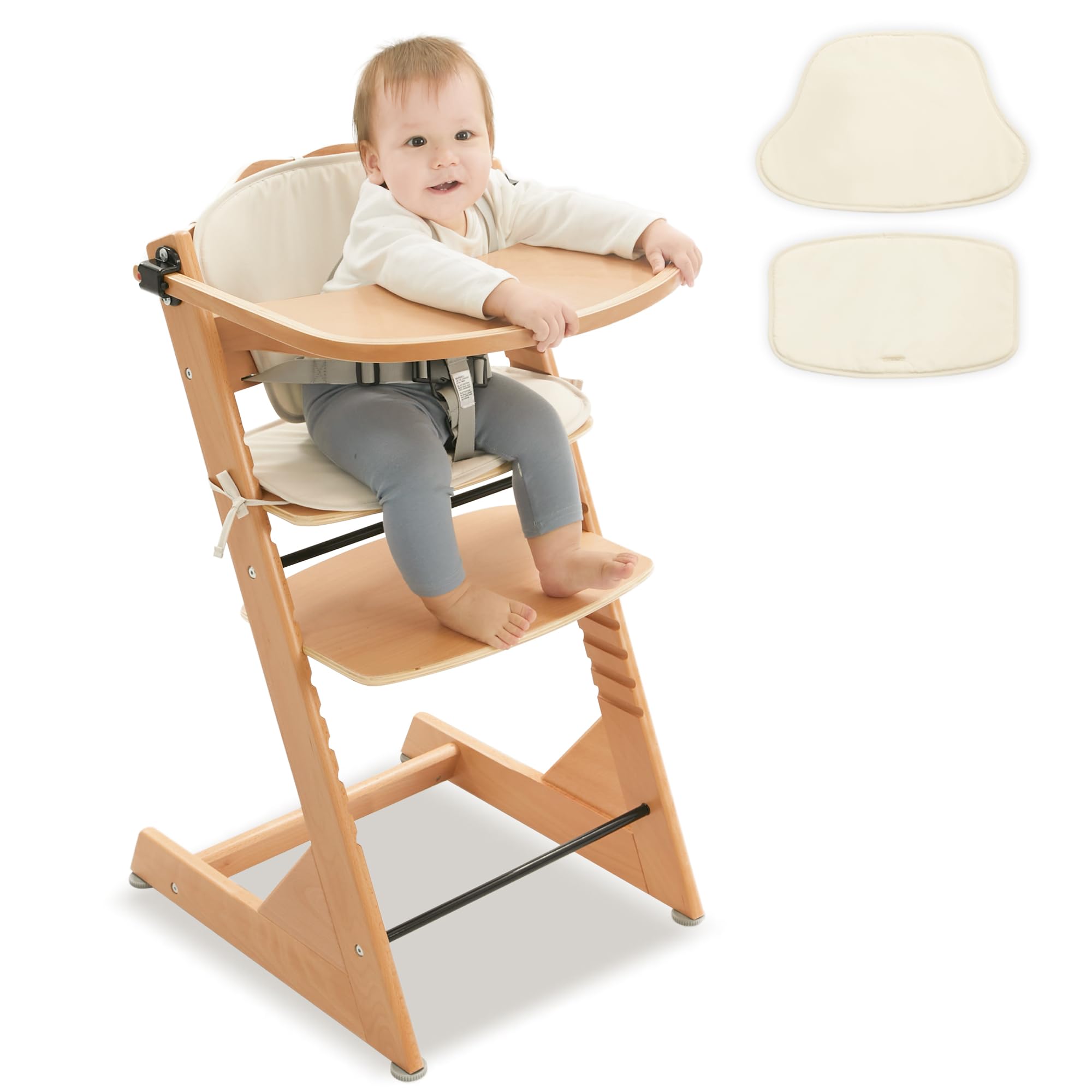 LUE BONA Chaise Haute Bébé Évolutive, Chaise Haute en Bois 3 en 1 pour Jeunes, Chaise pour Enfants avec Coussin, Harnais & Plateau Amovible, Convient aux Bébés et aux Jeunes Enfants, Naturelle