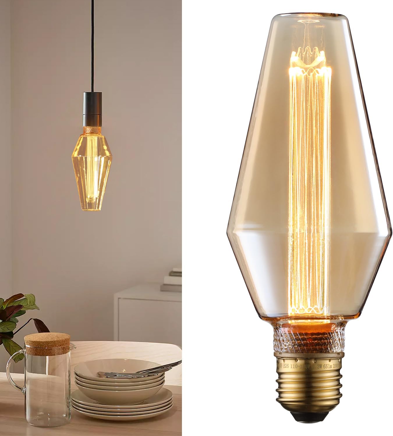 ESCENA Angular Aesthetics Series LED Decorative Light Bulb, Crystal Trophy Vintage Edison Bulb Dimmable 2.3W, E26, Unique Virtual Filament Vintage Light Bulbs, Amber Glass, 2000K Soft Warm, UL Listed
