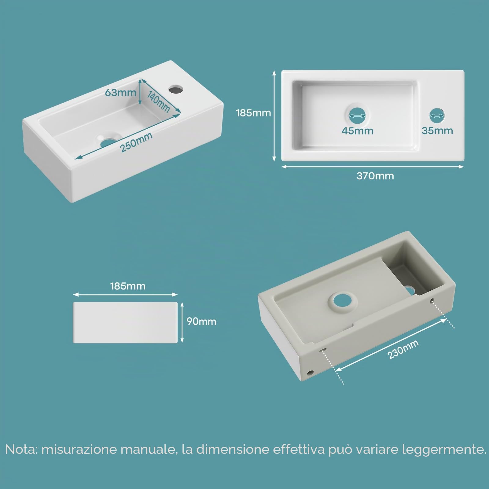 Teal Home Lavabo, lavabo piccolo, lavabo per ospiti, bagno, mini lavabo in ceramica, foro per rubinetto destro, Senza valvola di scarico pop-up, 37 x 18,5 x 9 cm | Lavabo sospeso da bagno, mini lavandino in ceramica, lavello da appoggio, bianco, 37 x 18,5
