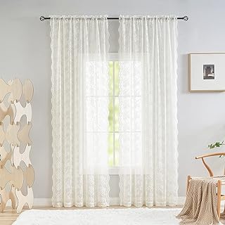 YJ YANJUN Floral Lace Curtains 108 inches Long 2 Panels Set French Country Shabby Chic Sheer Curtains for Living Room Window Light Filtering Rod Pocket 52 x 108 Inch Ivory - Buy now