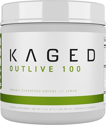 Kaged Limón Superalimentos orgánicos y verduras en polvo Outlive100 con vinagre de sidra de manzana, antioxidantes, adaptógeno, prebióticos, (30