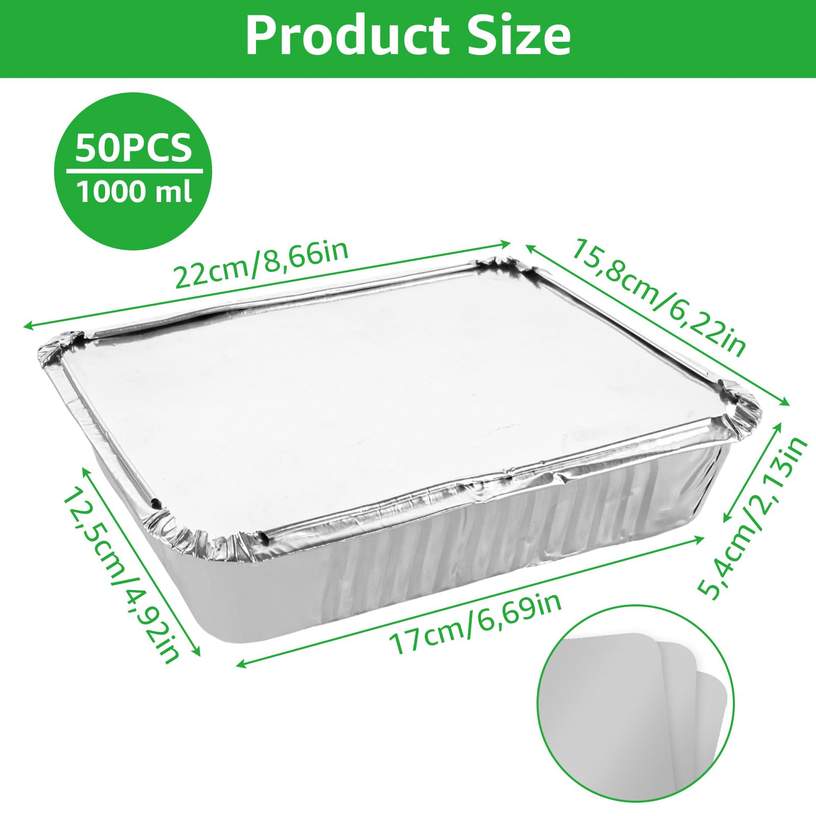 50 Stück Aluschalen mit Deckel 1000ml, Aluschalen Grill, Alu Backformen Einweg Quadratisch, Alu Grillschalen für Braten, Backen, Kochen, Take away