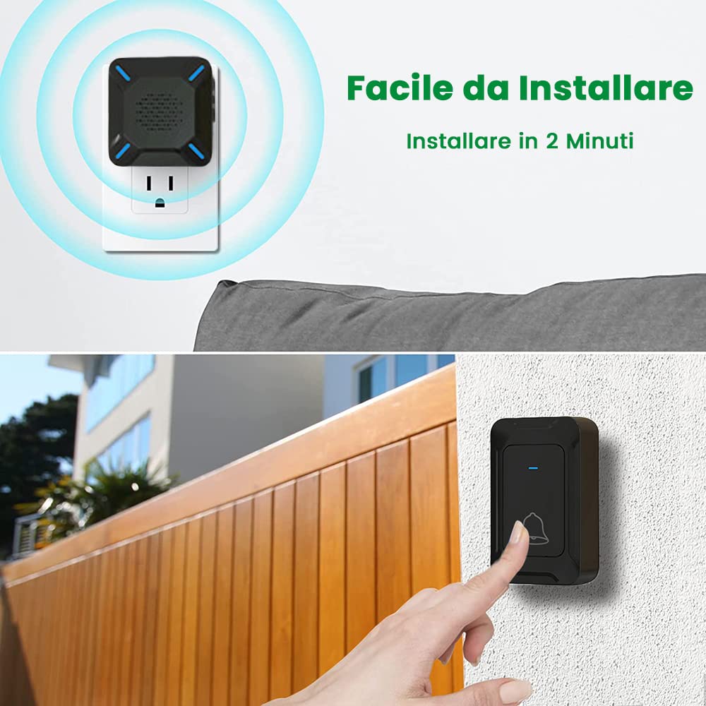 YYQ Sonnette sans fil pour extérieur, IP68, grand haut-parleur puissant, indicateur LED, portée 300 m, 5 niveaux de volume réglables, 58 sonneries (2 émetteurs et 1 récepteur)