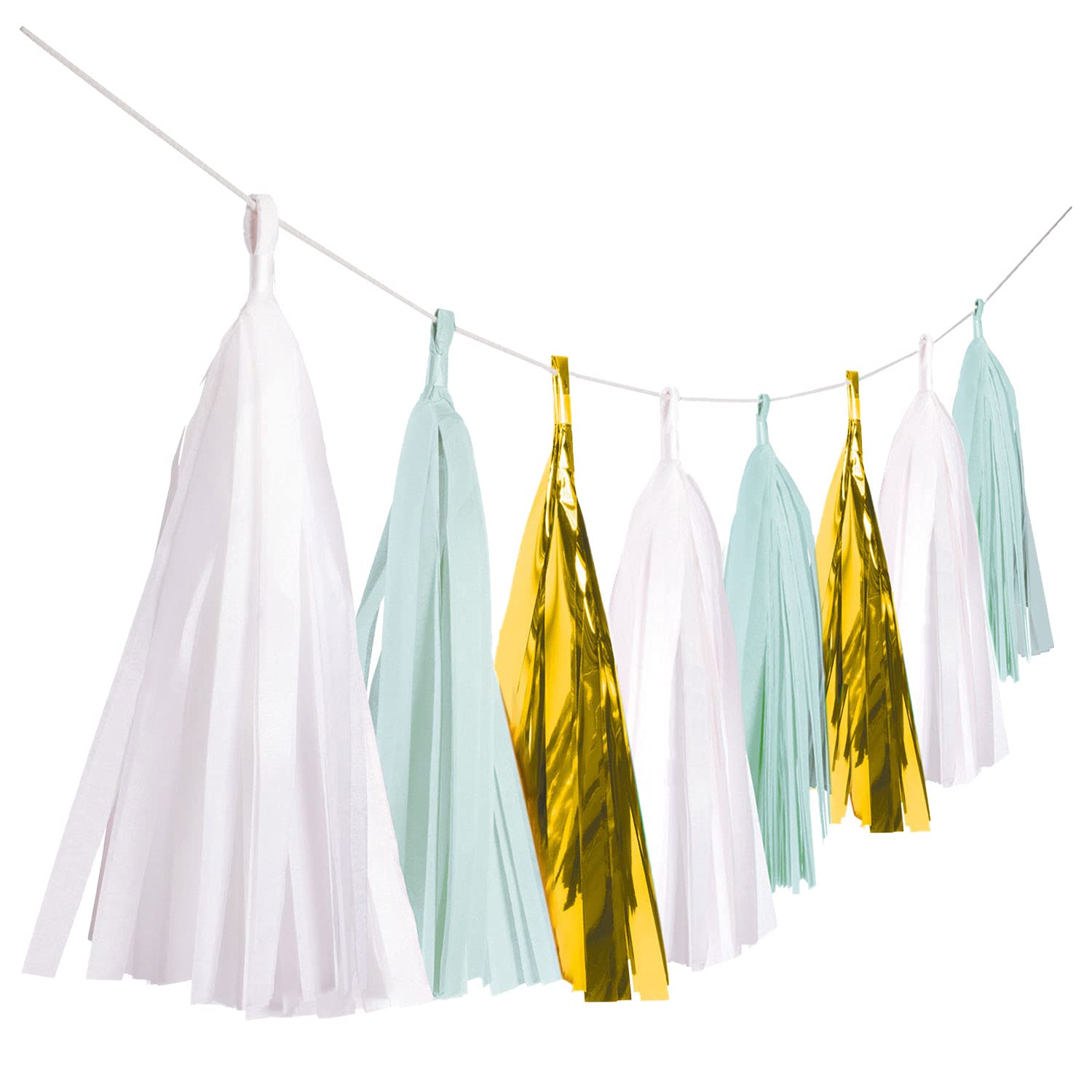 Amscan Ready to Pop! Tassel Garland, White/Mint Green/Gold, 12 x 24cm Tassels, 9910289
