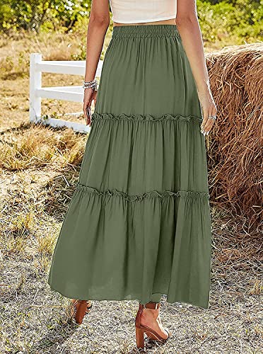 Avanova Women's Elastic High Waist A Line Layer Ruffle Swing Casual Long Maxi Skirt Green Small #TOP1