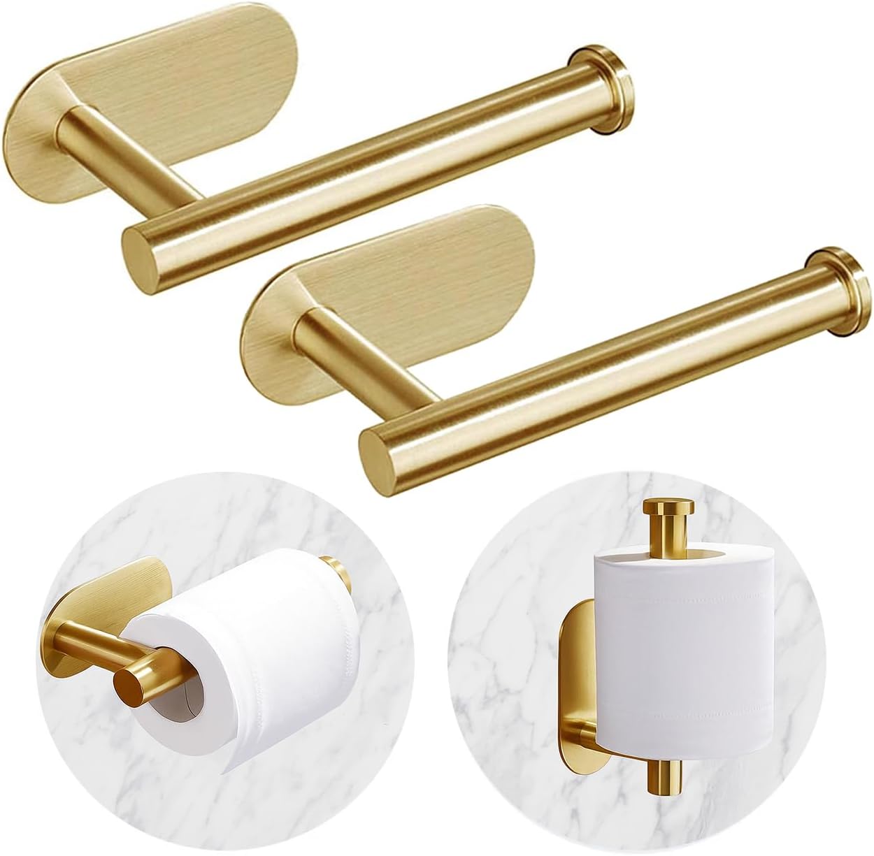 2 Pack Gold Toilet Paper Holder Self Adhesive no Drilling Wall Mount SUS304 Stainless Steel Rustproof Toilet Roll Holder for Bathroom, Washroom