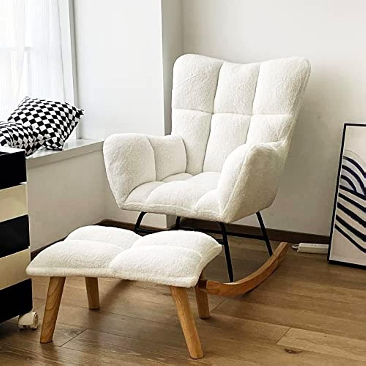 Gaming Chair, Rocking Chair for Nursery with Ottomans- Teddy Fabric Tufted Upholstered Rocking Chair Padded Seat Cuddle Chair with Solid Wood Legs for Nursery Bedroom Living Room