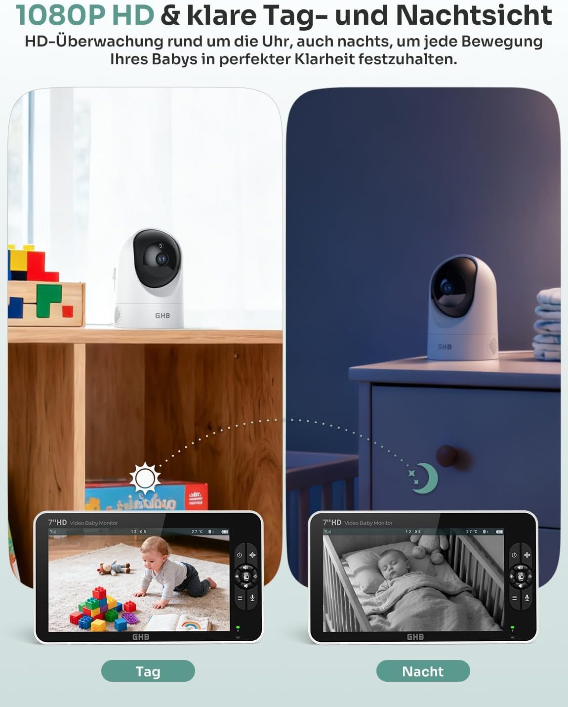 GHB Babyphone mit Kamera 7 Zoll 1080P IPS Display 168 Stunden Akkulaufzeit im VOX Modus 4X Zoom Max. 4 Kameras unterstützt Gegensprechen