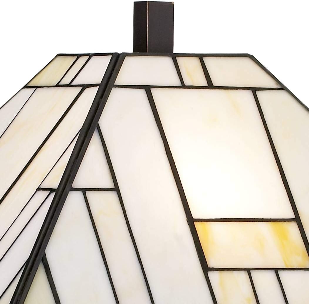 Franklin Iron Works Mission Tiffany Style Table Lamp Art Deco 26.25" High Wrought Iron Dark Bronze Brown Gold White Stained Glass Shade for Living Room Bedroom House Bedside Nightstand Home Office