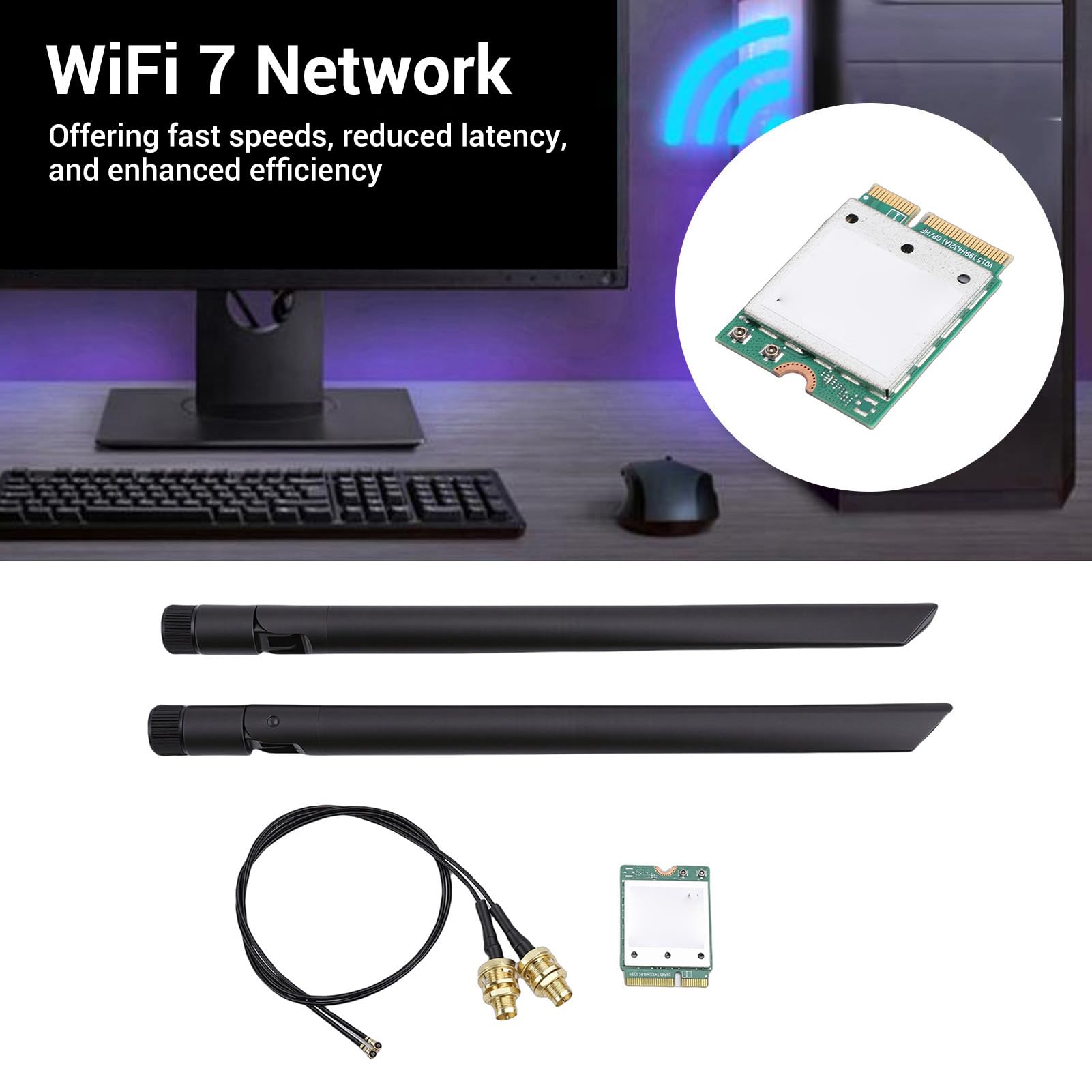 SIXRUN Scheda di Rete Wireless WiFi 7 M.2, Adattatore WiFi Tripla Banda PCB, 5,8 Gbps 2x2 MU MIMO 320 MHz 4K QAM, per Laptop PC Desktop 11