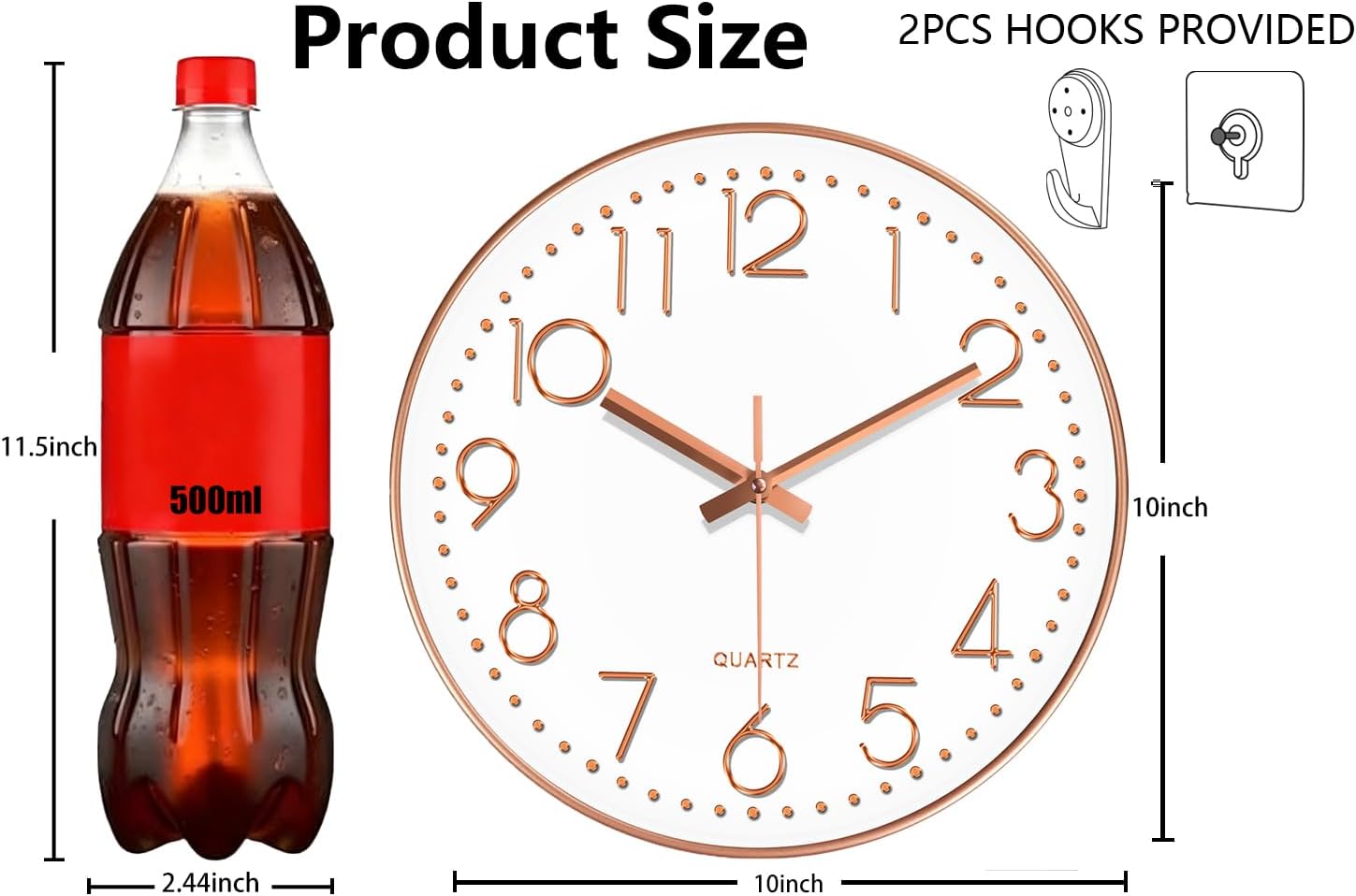 Wall Clock, Silent Wall Clocks Battery Operated 10 Inch- Modern Non Ticking Analog Clock with Large Numerals Tempered Glass Clocks for Bedroom, Living Room, Kitchen, Office Decor, Rose Gold image 3