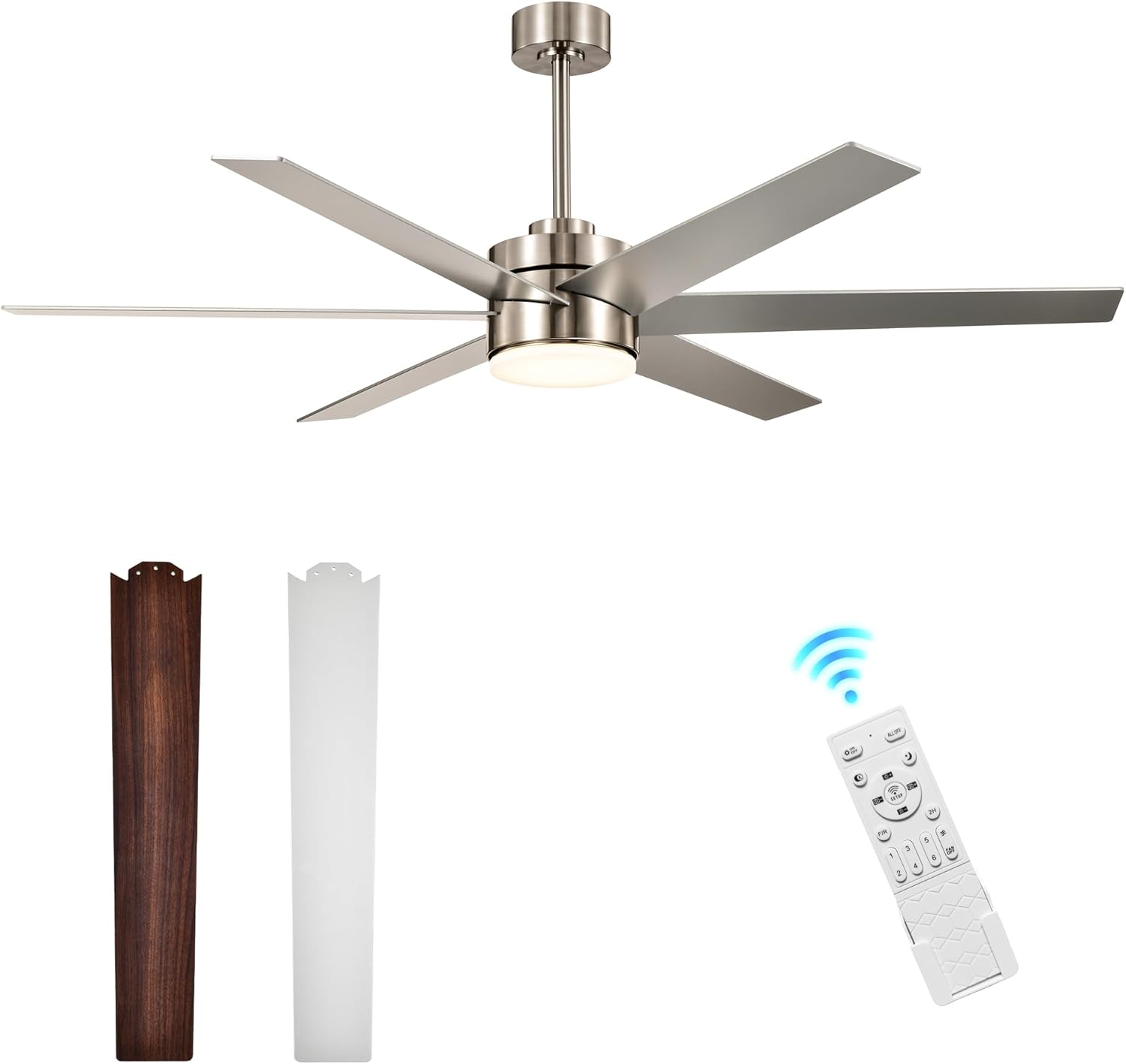 Edvivi 62 Inch LED Ceiling Fan with Lights and Remote Control, Low Profile with 6 Dual Finish Blades, 6-Speed Noiseless Reversible DC Motor, Brushed Nickel for Bedroom Living Room Indoor/Outdoor Use