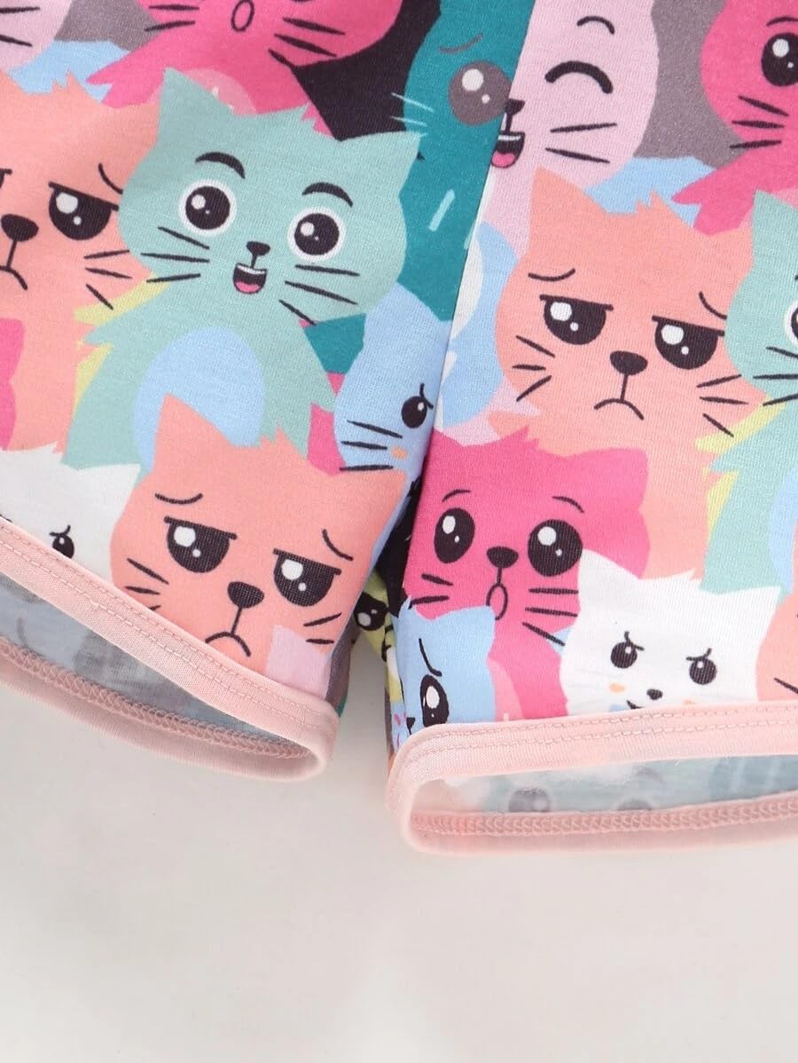 PAMBERSTON Girls' Cat Print Romper, Sleeveless Summer Jumpsuit with Shoulder Ties, Pink Multi-Colour 2