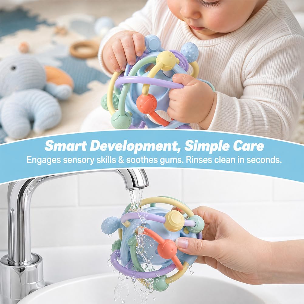 Juguete Mordedor Pelota Bebé, Juguetes Sensoriales para La Dentición Juguete de Denticion Sonajero para Bebe Juguetes Educativo Temprano Montessori para Bebés de 3 a 18 Meses(Azul)