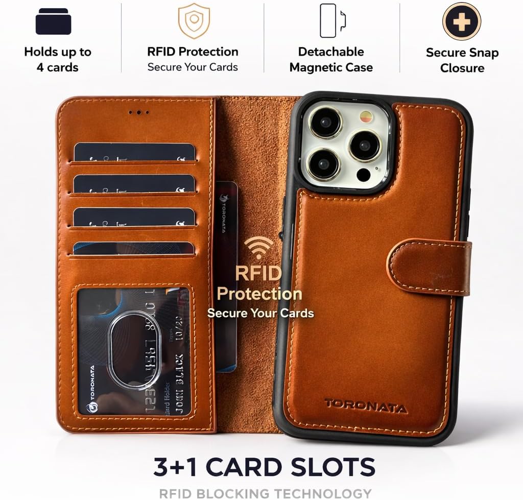 Vegas Wallet Phone Case Compatible with iPhone 15 Pro Max 6.7in – Elegant Full-Grain Leather Phone Case Wallet – Card Holder Wallet RFID Blocking with Kickstand, Card Slots (Tan)