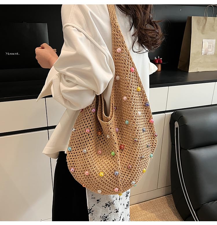 Image of Boho Crochet Beach Tote Shoulder Bag with Colored Beads | Colorful Aesthetic Hippie Knit Bag for Women