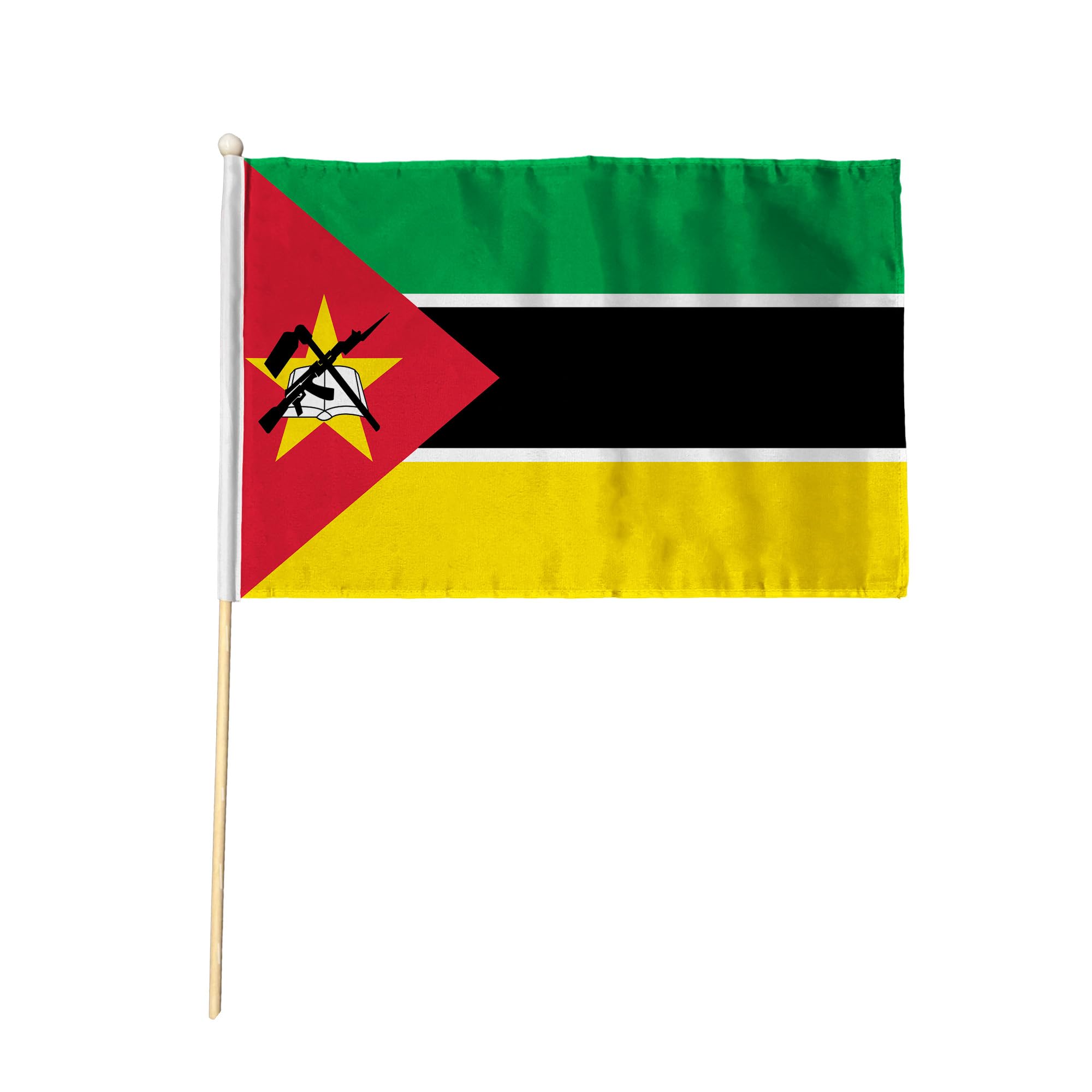Flagtex Mozambique Pack of 2 Hand Waving Flag (18x12 Inch Large) - Premium Wooden Stick Hand Flag Big Size Natural Wood Pole Mozambican National Flag Events Celebrations International Gatherings