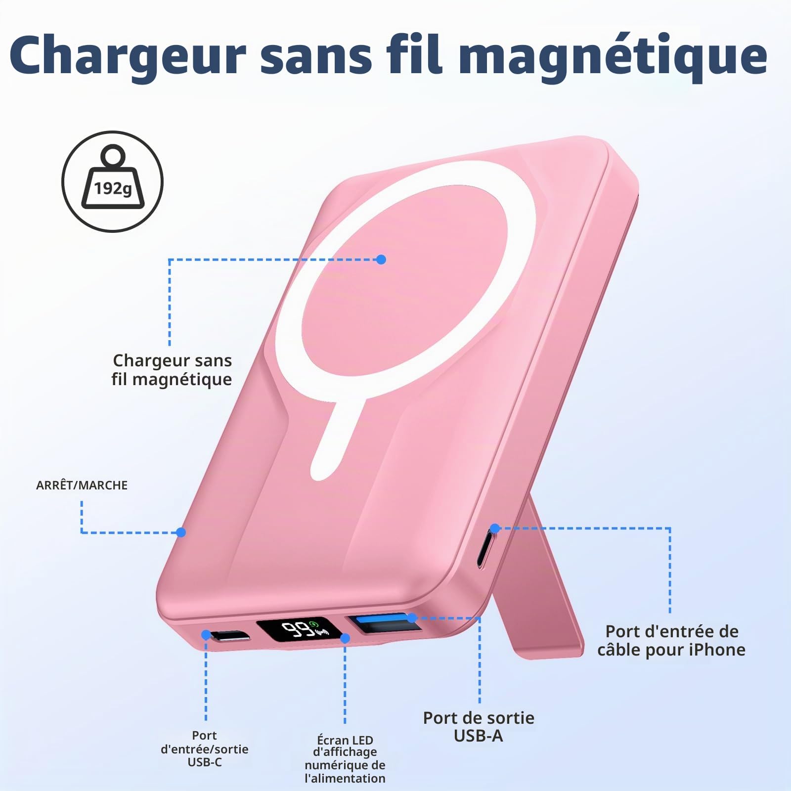 Azmuth Batterie Externe iPhone Magnétique, Compatible avec MagSafe 10000mAh sans Fil Power Bank, 22.5W PD Charger Rapidement Powerbank avec écran LED, pour iPhone 17/16/15/14/13/Pro/Pro Max-Rose
