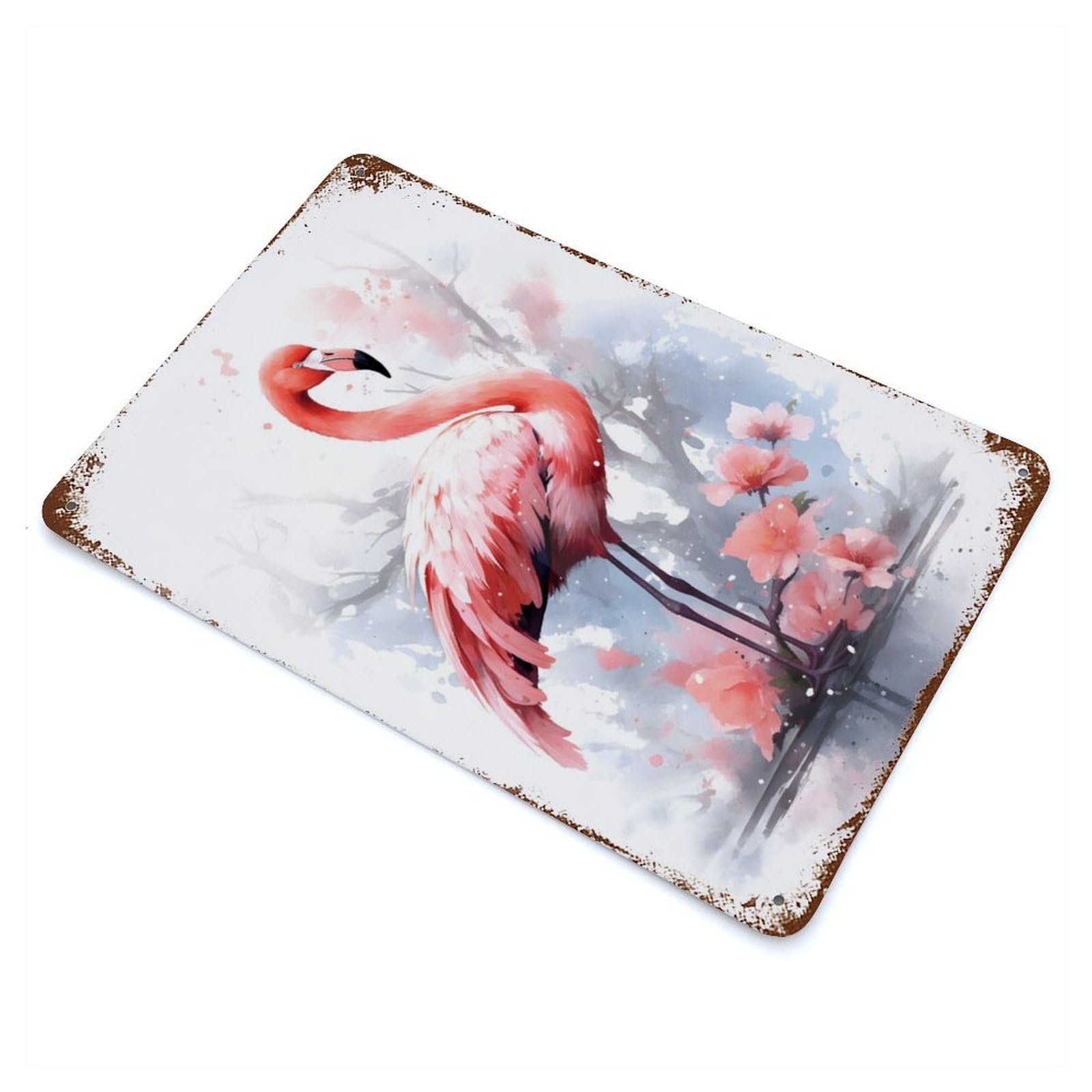 Flamingo Cherry Blossom Rusty Metal Tin Sign 11.8"x7.9", Industrial Home Decor for Garage, Pub Or Kitchen