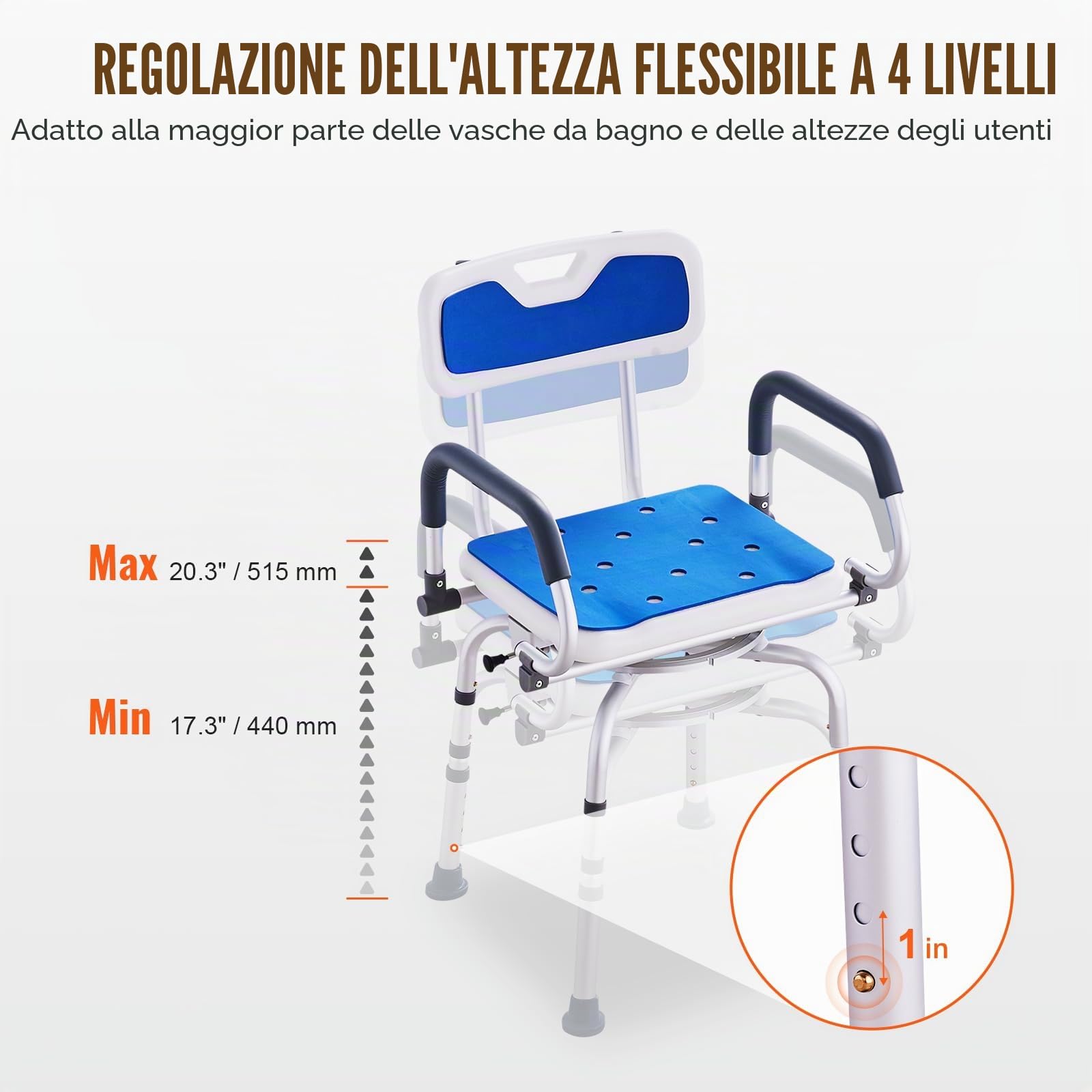 VEVOR Sedia da Doccia Girevole a 360 Gradi, Sedile da Doccia Regolabile con Bracci Girevoli per Vasche Interne, per Vasca da Bagno Girevole Antiscivolo per Anziani Disabili Feriti, Capacità 180 kg