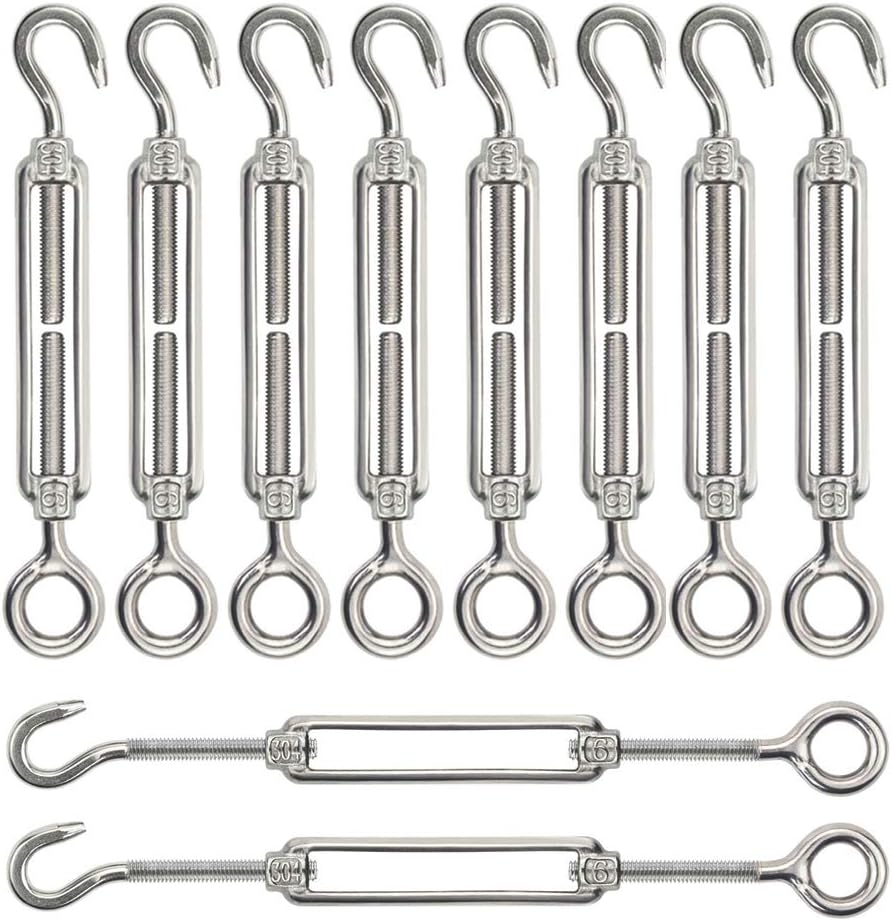 Turnbuckle Lsqurel 10PCS 304 Stainless Steel Turnbuckle Hook and Eye Heavy Duty M4 M6 M8 M10 Tensioner Adjustable Shade Sail Hardware for Tightening up Metal Cable Wire 5/32 1/4 5/16 3/8