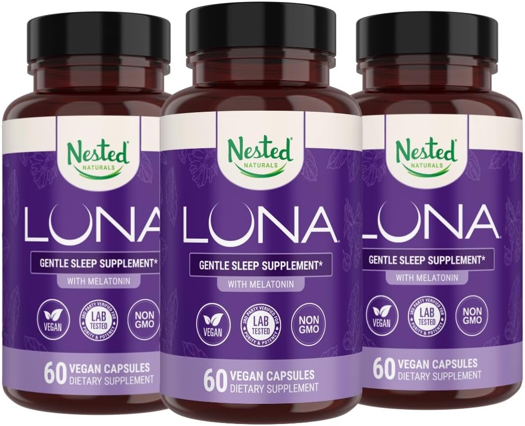 Nested Naturals Luna Herbal Sleep Supplement with Melatonin, Valerian Root, Chamomile | 180 Vegan Capsules (3-Pack) - 60 Capsules Per Bottle