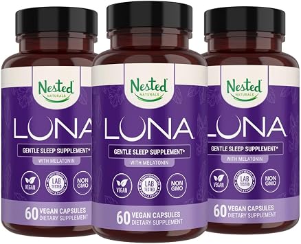 Nested Naturals Luna Herbal Sleep Supplement with Melatonin, Valerian Root, Chamomile | 180 Vegan Capsules 3-Pack - 60 Capsules Per Bottle