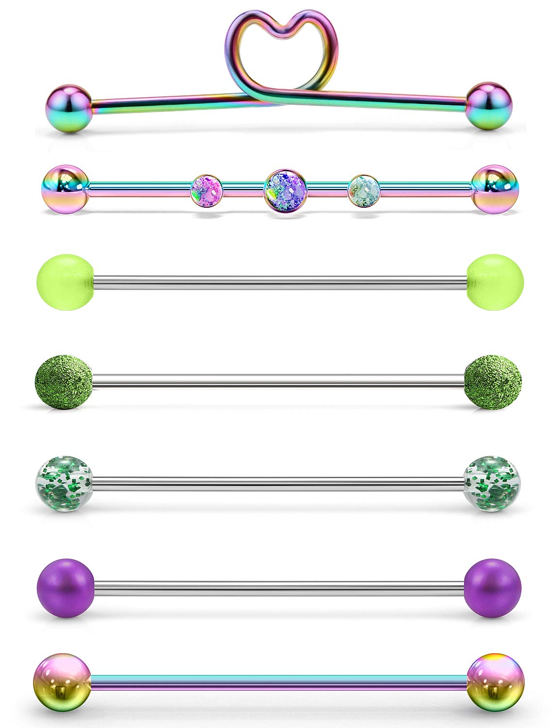 LcolyoliLcolyoli 16G Stainless Steel Industrial Barbell with Opal Earrings for Women Men Cartilage Helix Rings Piercing Jewelry 7 Pieces 1 1/2 Inch (38mm) Industrial Piercing Bar