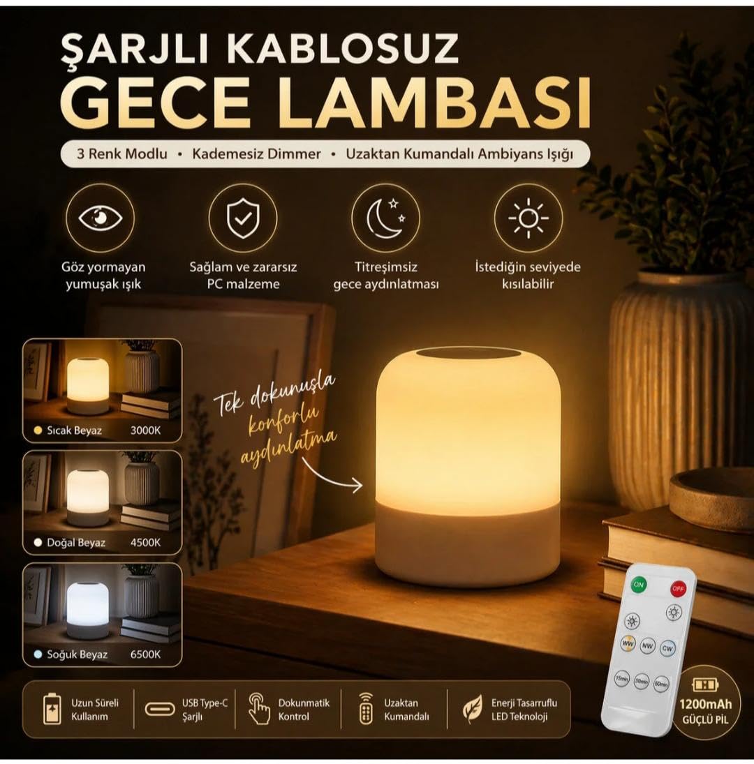 3 Renkli Şarjlı Gece Lambası Kumandalı Kablosuz Masa Lambası