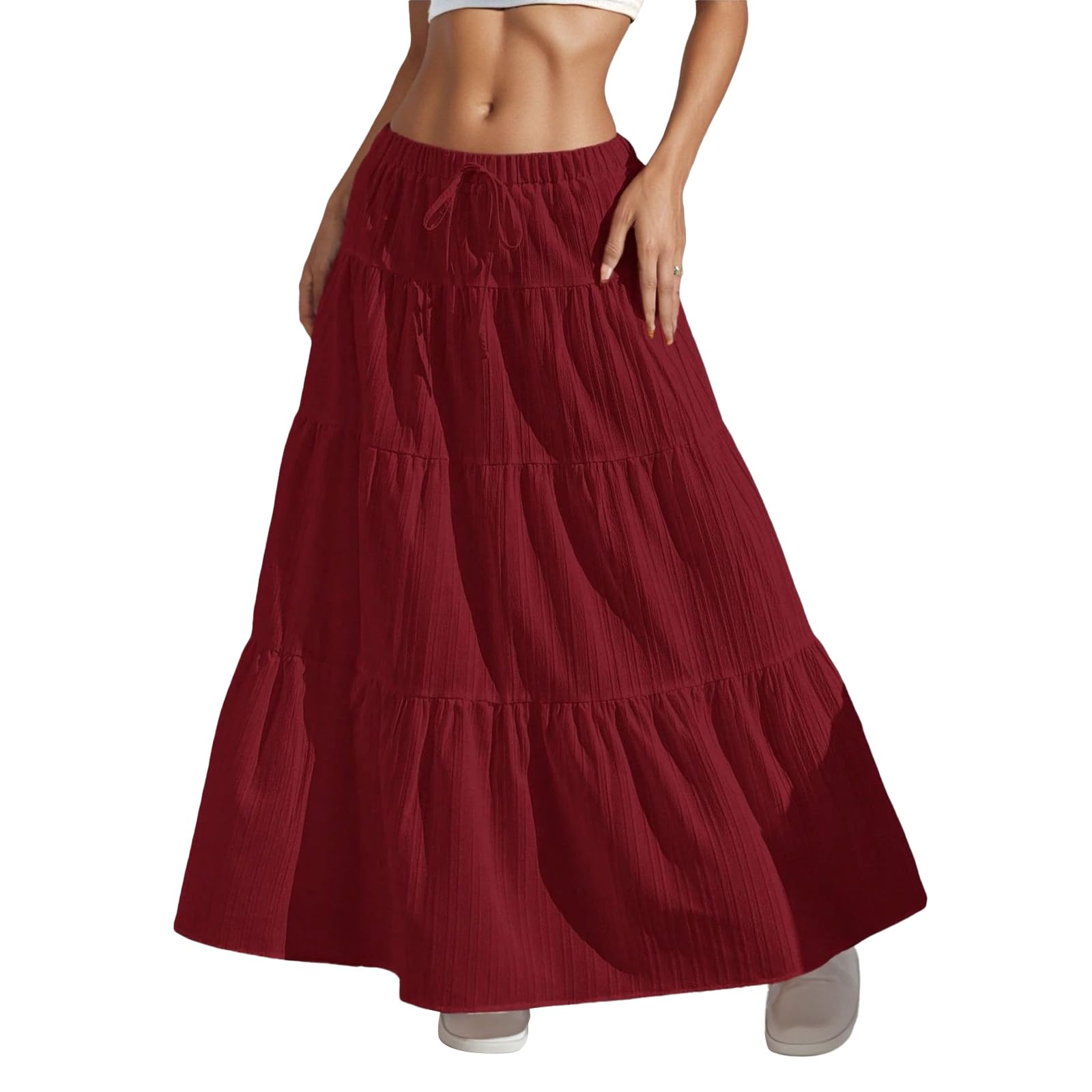 HOUZONIY Womens Maxi Skirt Flowy Elastic Waist Tiered Pleated A Line Summer Boho Trendy Cute Pull On Long