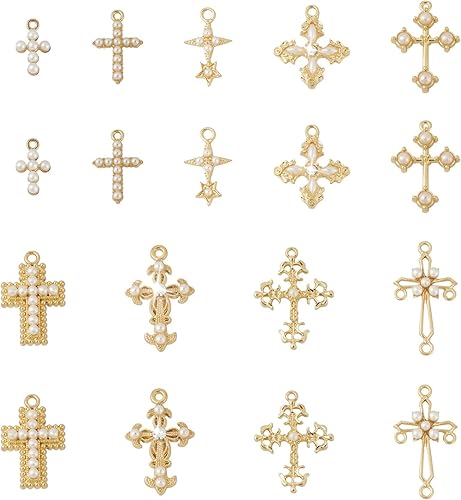 Miniatura 8 de Cheriswelry 18 dijes de metal con forma de cruz y perlas de oro claro, adornos colgantes de aleación de 0.630-1.535 in, 9 estilos para hacer