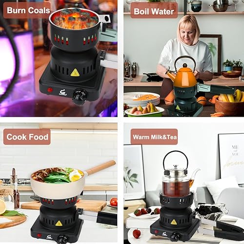 Miniatura 7 de Arrancador de carbón multiusos quemador de carbón, estufa eléctrica de coco con pinzas desmontables de acero inoxidable, cables más largos de 4.9