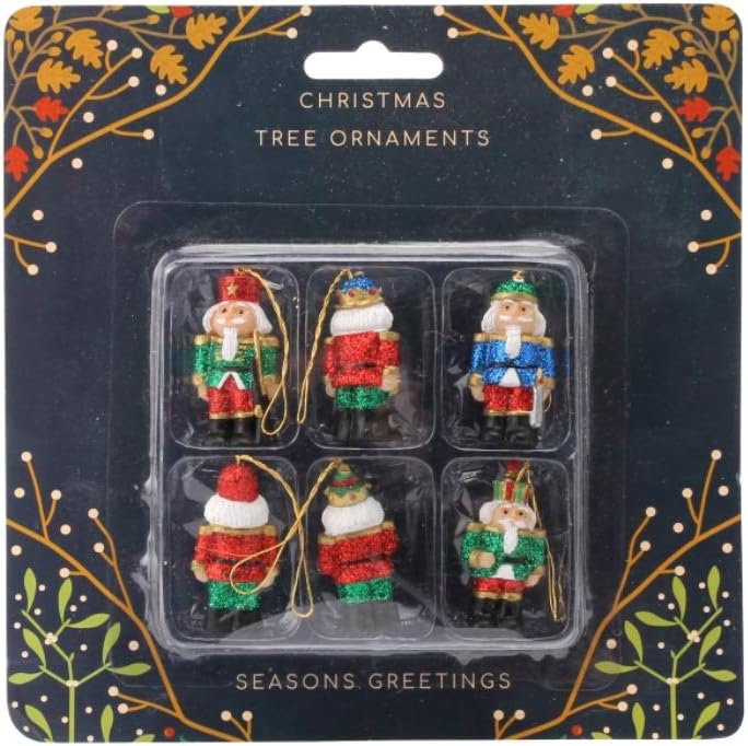 CGB Giftware Traditional Glitter CHRISTMAS NUTCRACKER SOLDIER Decoration/Christmas Tree Decoration - SET OF 6 - RED, GREEN, GOLD, BLUE - 3.5cm