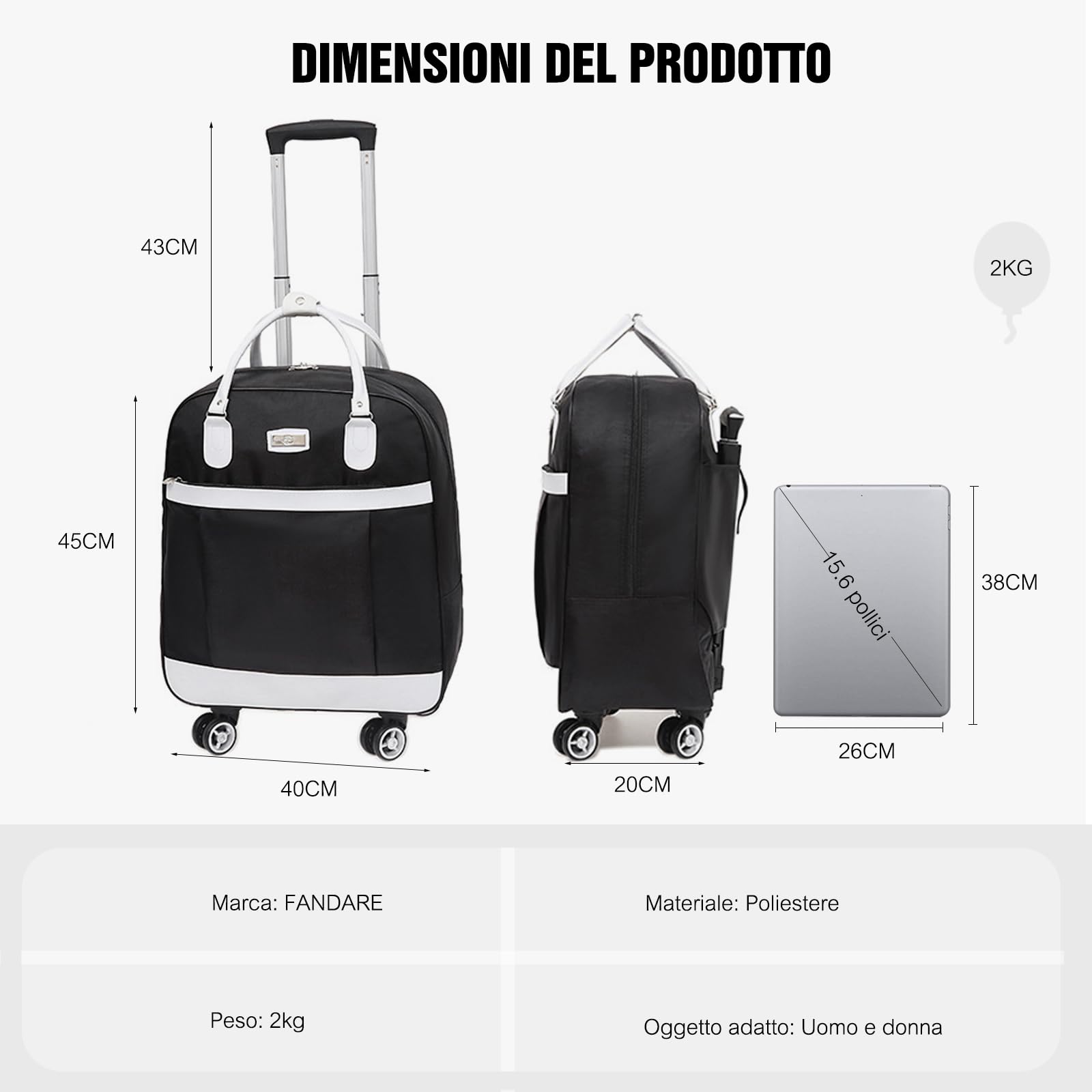 FANDARE Zaino Trolley con Ruote Trolley per la spesa Bagaglio Mano Business