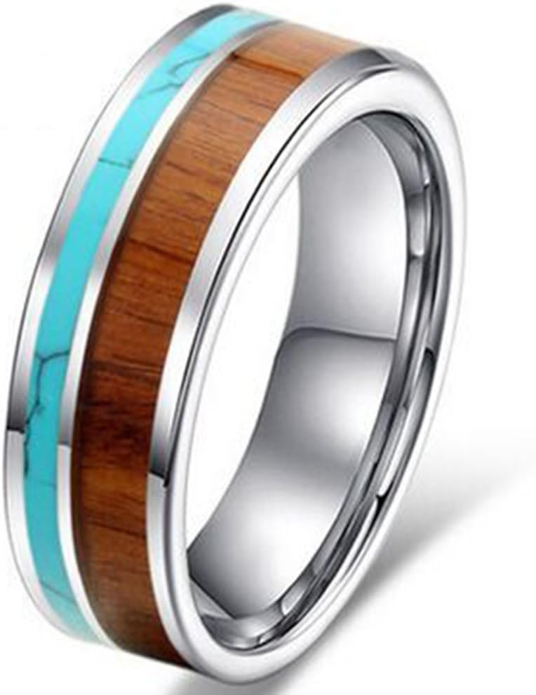 Fashion Month Womens 6mm Tungsten Ring Vintage Wedding Engagement Band with Koa Wood Solid Turquoise Flat Top for Her