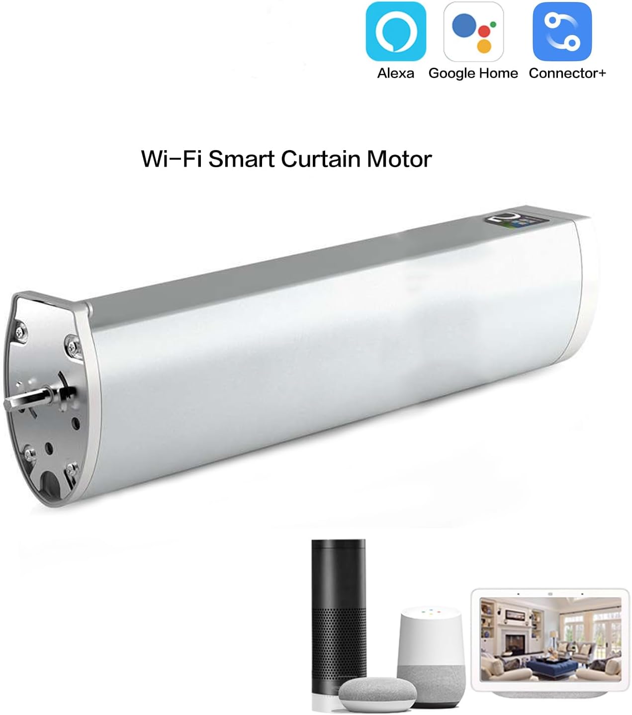 JALUZELE Smart Curtains System with Alexa, Google Home, and Connector+ app logos