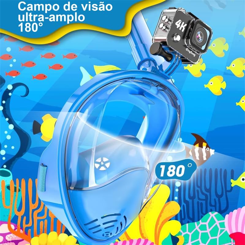 Máscara de Mergulho Full Face Infantil com Suporte para Câmera Ação, Mascara Snorkel Profissional Antiembaçante para Crianças, Presentes do Dia das Crianças.