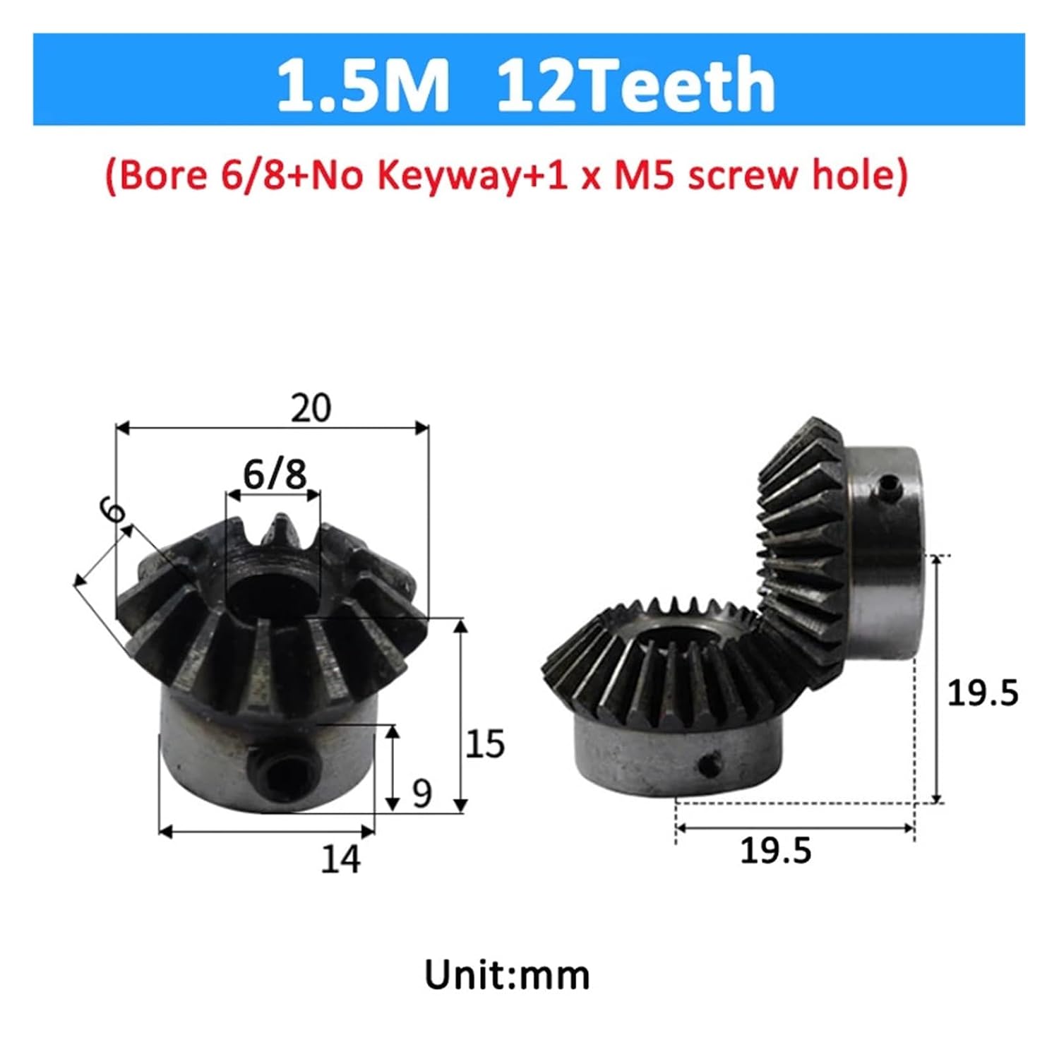 Bevel Gear Pinion Hardware Mechanical 1.5M 12/16/18Teeth Bore 8mm Gear 90 Degrees Meshing Angle Steel Gears Screw M5 No Keyway(12 Teeth)