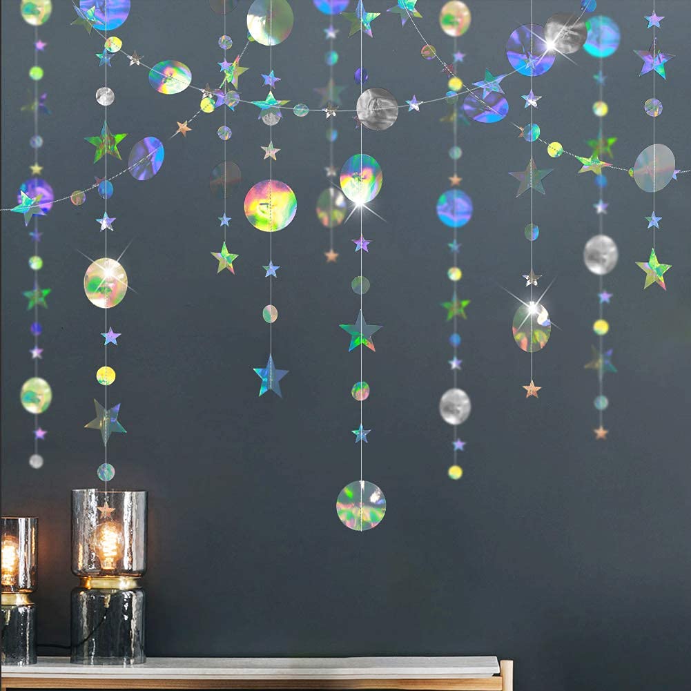 Cheerland Iridescent Party Decorations Holographic Star Garland Hanging Stars Moon Streamer Galaxy Birthday Decoration Ramadan Eid Banner Baby Shower Backdrop Space Alien Celestial Party Decor