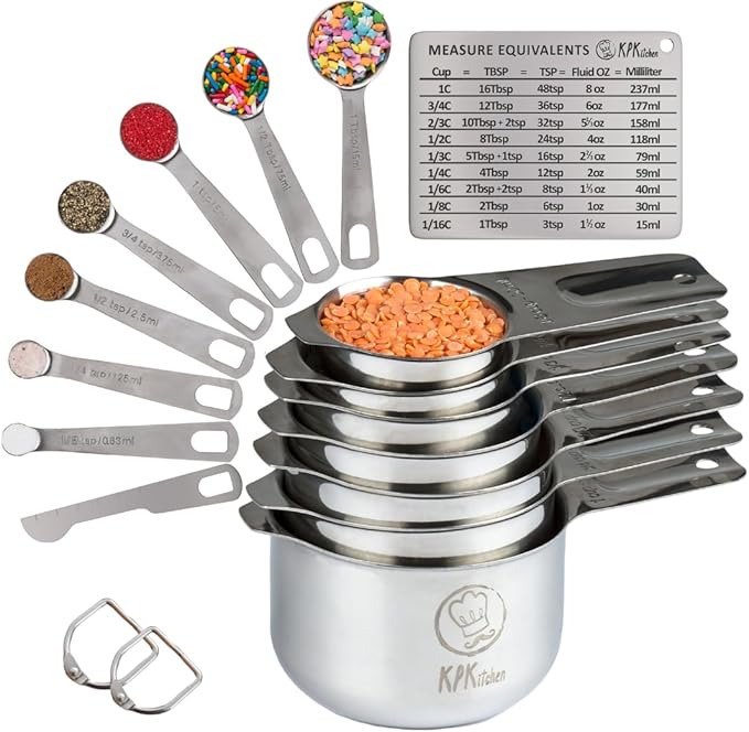 Stainless Steel Measuring Cups and Spoons Set of 16 - 7 Cup & 7 Spoon + Conversion Chart & Leveler - Kitchen Measuring Spoons and Cups - Dry Measure Cups Stainless Steel & Baking Metal Measuring Cups